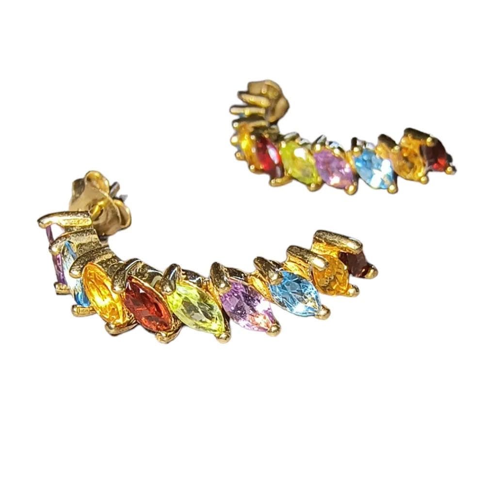 Multi Gemstone & 18K Gold Vermeil Sterling Silver Half Hoop Earrings Brand New